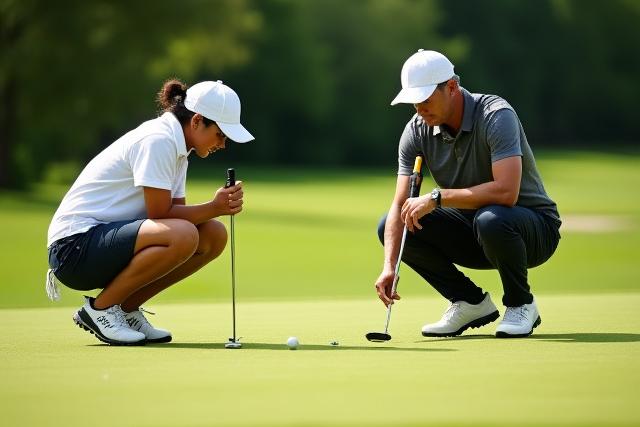 Golftrainer erklärt einem Schüler den Schwung auf dem Putting Green