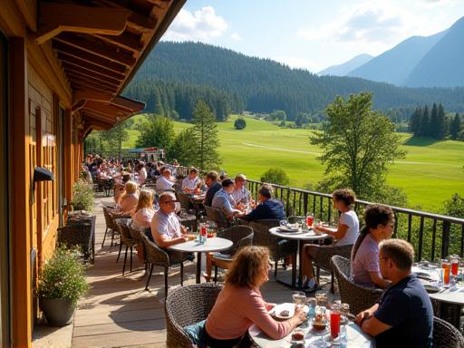 Gäste genießen die Sonne auf der Terrasse des Clubrestaurants